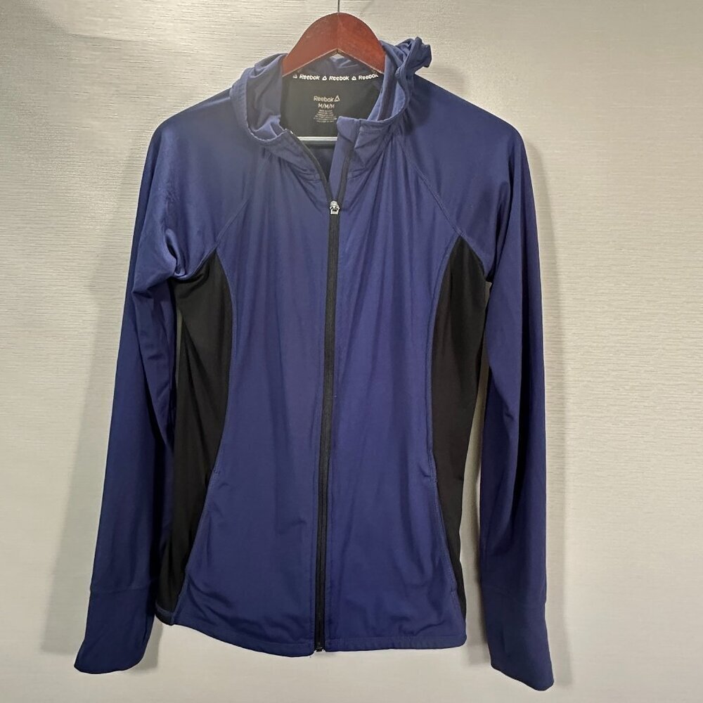 Reebok Track Jacket Womens Medium Blue Stretch Long Sleeve Thumb Holes Full Zip